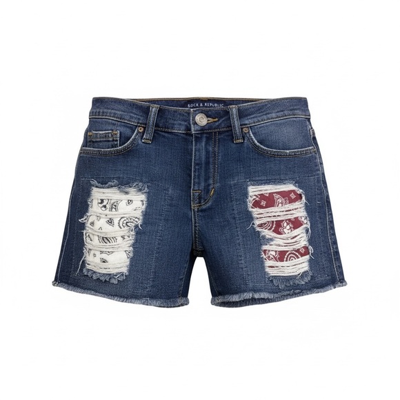 💋Rock & Republic Women’s Hula mid rise frayed medium wash jean shorts Size 4 - Picture 2 of 9